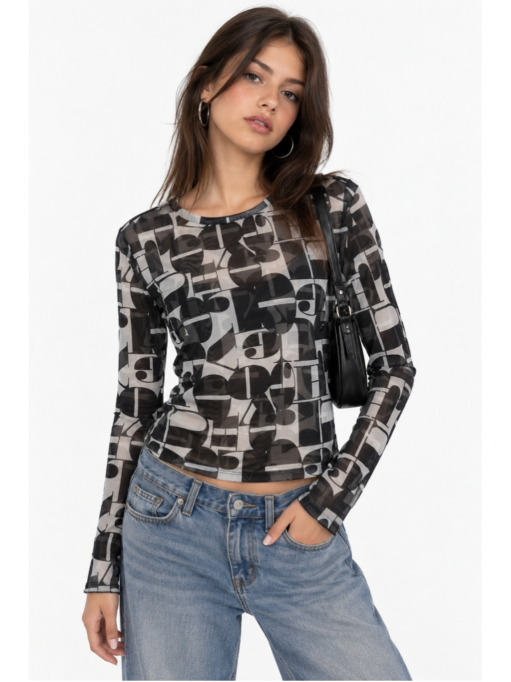 HUGO Black White Abstract Print Sheer Mesh Long Sleeve Top Size L Y2K